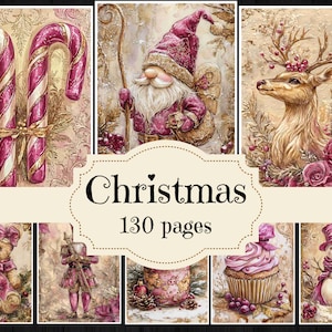 Forniture per diari natalizi rosa con acquerello, carte per album di ritagli di Natale vintage, sfondi natalizi shabby chic, immagini natalizie