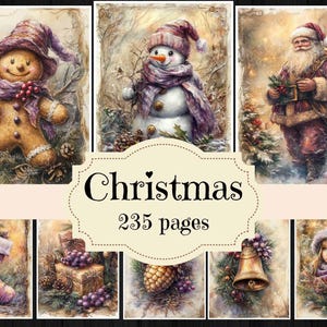 Fournitures de journal de malbouffe de Noël à l'aquarelle violette, papiers de scrapbooking de Noël vintage, arrière-plans de Noël shabby chic, images de Noël