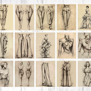 May include: A collection of fashion sketches in sepia tones. The drawings depict various garments, including pants, skirts, dresses, and blouses. The illustrations showcase different styles and designs, with a focus on details and silhouettes. The sketches are on a light brown background.