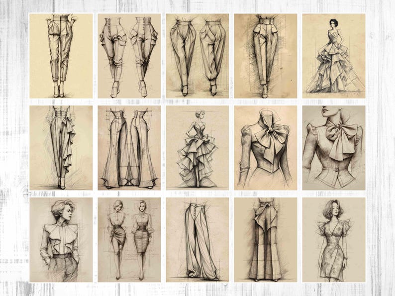 May include: A collection of fashion sketches in sepia tones. The drawings depict various garments, including pants, skirts, dresses, and blouses. The illustrations showcase different styles and designs, with a focus on details and silhouettes. The sketches are on a light brown background.