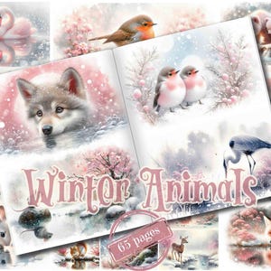 Può includere: Una raccolta di illustrazioni ad acquerello con animali invernali. Le immagini includono un cigno, un lupo, uccelli e una volpe. Il titolo "Winter Animals" è in rosa, con un adesivo "65 pagine".