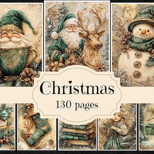 Suministros para diarios basura navideños con acuarela verde, papeles de álbum de recortes navideños vintage, fondos navideños de estilo shabby chic, imágenes navideñas