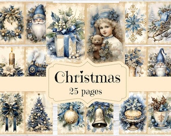 Kit de journal créatif de Noël bleu : Éphémères style shabby chic (Téléchargement numérique)