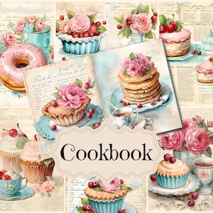 Forniture per diario di spazzatura di libri di cucina Turchese Vintage libro di cucina Scrapbook Carta digitale Pagine di cucina Shabby Chic Dessert Sfondi Vecchia ricetta