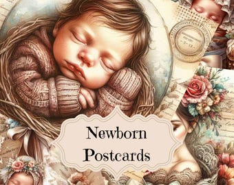 May include: A set of vintage-style postcards featuring illustrations of sleeping babies. The postcards are decorated with floral accents and have a soft, romantic feel. The text "Newborn Postcards" is printed on the front of the cards.