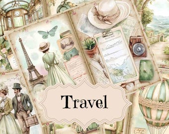 Vintage Travel Junk Journal Paper: Shabby Chic Scrapbook Pages (Digital Download)