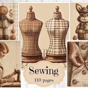 Kit de diario de costura vintage, páginas imprimibles digitales para álbumes de recortes de costura, suministros para diario de costura vintage, fondos shabby chic