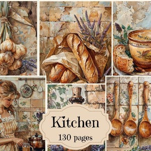 Forniture per diario di cucina rustica con acquerello, ricettario vintage, album di ritagli, carta digitale, pagine di cucina, sfondi shabby chic cottagecore