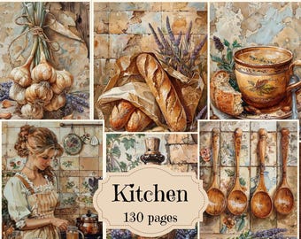 May include: A collage of images with a kitchen theme. The images include garlic, lavender, bread, a cup of tea, and wooden spoons. The text "Kitchen 130 pages" is in the center of the collage.