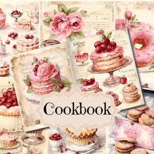 Forniture per diario di ricette, diario di ricette vintage rosa, album di ritagli, carta digitale, pagine di cucina, sfondi per dessert shabby chic, vecchia pagina di ricette