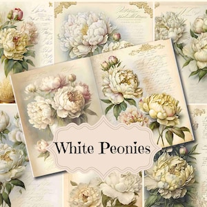 Junk Journal Kit Weiße Pfingstrosen Junk Journal Druckbares Papier Vintage Junk-Journal Zubehör Shabby Chic Scrapbook Weiße Pfingstrosen Hintergründe