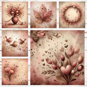 Op de afbeelding: Een verzameling van zes afbeeldingen in aquarel-stijl met een romantisch thema. De afbeeldingen tonen bloemstukken, harten, vogels en een krans in tinten roze, rood en bruin. De kunstwerken staan tegen een getextureerde, gebroken witte achtergrond.