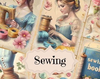 Puede incluir: Un collage de imágenes de estilo vintage con mujeres cosiendo, carretes de hilo, botones y un libro de costura con el texto "sewing book". El collage tiene un fondo beige claro con una gran etiqueta blanca que dice "Costura" en una fuente decorativa.