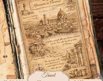 May include: Vintage open book illustration of Florence, Italy, with Renaissance buildings, the Arno River, and art stalls. Text includes "Afternoon in Florence" and "Travel Backgrounds." The book measures 76.2 x 21.6 x 14 cm.