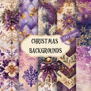 Könnte beinhalten: Eine Sammlung von Weihnachtshintergründen in Lila, Gold und Creme. Die Designs umfassen florale Muster, Schleifen und geometrische Formen. Der Text "Christmas Backgrounds" wird auf einem cremefarbenen Banner mit einem Stempel "200 Seiten" angezeigt.