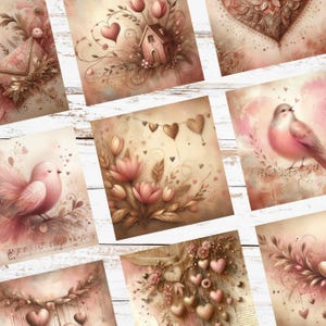 Op de afbeelding: Een verzameling romantische kunstprints in vintage stijl. De prints tonen zachte roze en bruine tinten, met afbeeldingen van harten, vogels, bloemen en een klein huis. De algehele esthetiek is delicaat en grillig, perfect voor Valentijnsdag of romantische decoratie.