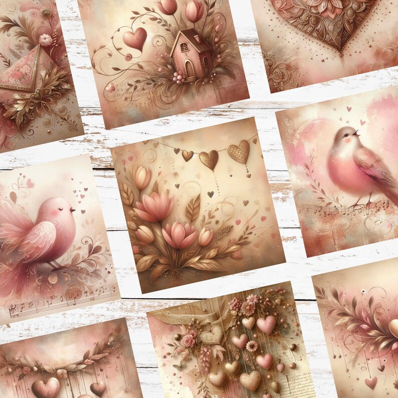 Op de afbeelding: Een verzameling romantische kunstprints in vintage stijl. De prints tonen zachte roze en bruine tinten, met afbeeldingen van harten, vogels, bloemen en een klein huis. De algehele esthetiek is delicaat en grillig, perfect voor Valentijnsdag of romantische decoratie.