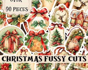 May include: Over 90 pieces of vintage Christmas fussy cuts. The digital download includes images of Father Christmas, Christmas trees, presents, and other festive elements. Ideal for scrapbooking, card making, and other craft projects.