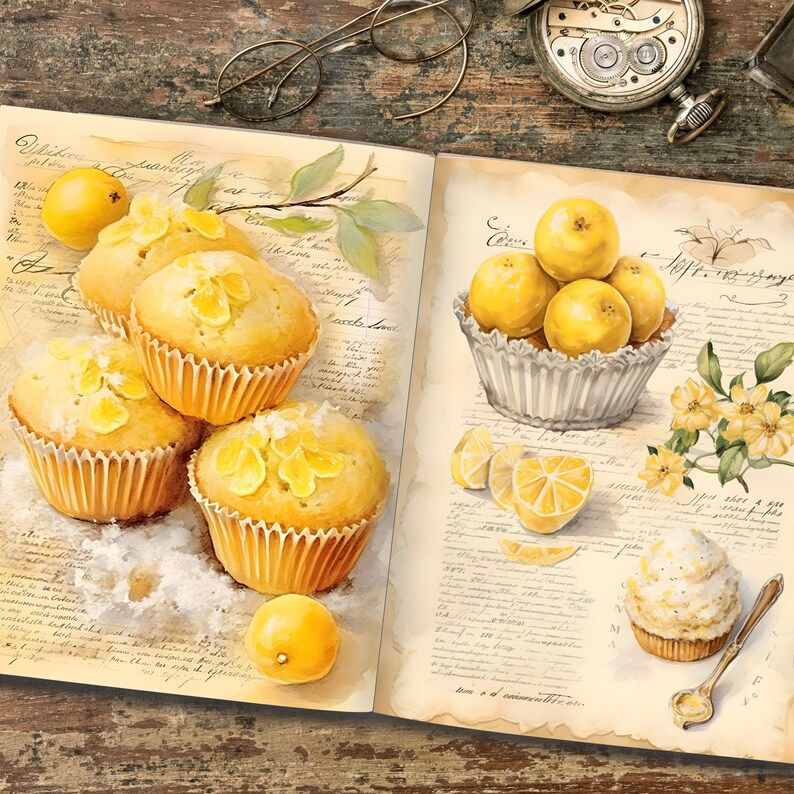 Junk Journal Kit Yellow Vintage Cookbook Scrapbook Digital Paper Kit