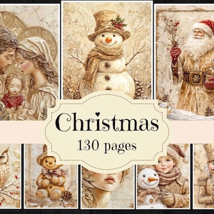 Fournitures pour carnet de bordel de Noël aquarelle beige, papiers de scrapbooking de Noël vintage, arrière-plans de Noël shabby chic, images de Noël