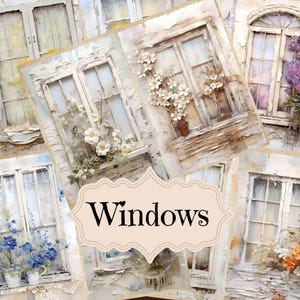 Può includere: Un collage di finestre in stile vintage con vernice bianca e dettagli floreali. Le finestre sono disposte in modo casuale e hanno un aspetto usurato e rustico. La parola "Windows" è scritta in un carattere decorativo su un'etichetta al centro dell'immagine.
