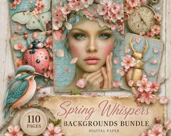 Printable Vintage Spring Whispers Backgrounds: Scrapbook Cherry Blossom Digital Paper (Digital Download)