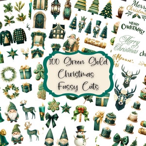 Green Christmas Fussy Cuts Vintage Junk Journal Kit Christmas  Scrapbook Printable Stickers Watercolor Clipart Green Gold Christmas Ephemera