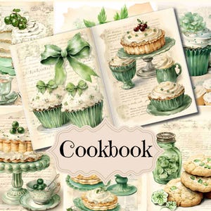 Suprimentos para diário de receitas, livro de receitas vintage verde, scrapbook, papel digital, páginas de culinária, fundos de sobremesas chiques e surrados, página de receitas antigas