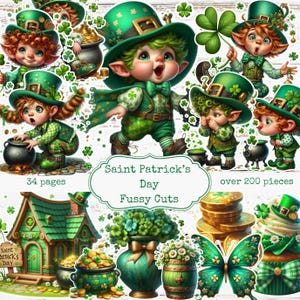 Könnte beinhalten: Eine Sammlung von filigranen Schnitten zum Thema St. Patrick's Day. Das Bild zeigt Illustrationen von Kobolden, Goldtöpfen, Kleeblättern und einem grünen Haus. Der Text auf dem Bild lautet "Saint Patrick's Day Fussy Cuts" und "over 200 pieces".