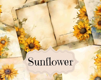 May include: A digital collage featuring vintage book pages with watercolor painted sunflowers. The text "Sunflower" is written in a decorative font on a beige background.