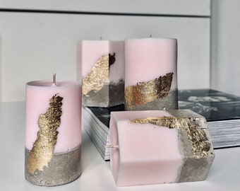 Pink concrete candle, Candles with gold, Pillar candles, Hexagon and cylinder candle, Gift for mom