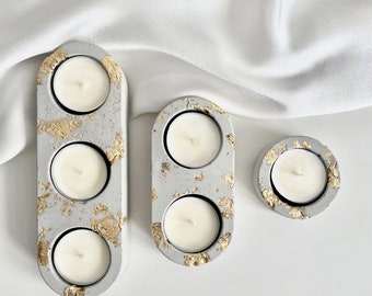 Tealight candle holder, Light gray candle holder with gold elements, Oval concrete tea light holder, 3 sizes candle holder