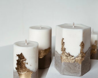 White concrete candle, Candles with gold, Pillar candles, Hexagon and cylinder candle, Wedding candle