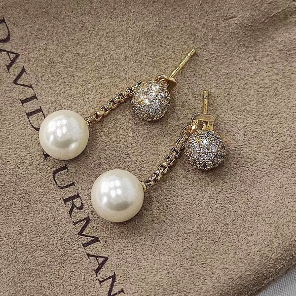 18K gold DY drop earrings full diamond pearl earrings - gold earrings - brand new in box - with dust bag