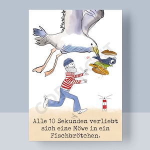 Postkarte - Alle 10 Sekunden verliebt sich eine Möwe in ein Fischbrötchen