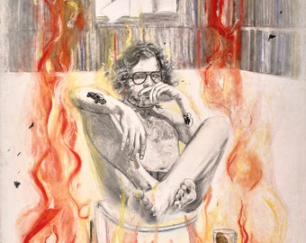 Drawing man toilet and fire.