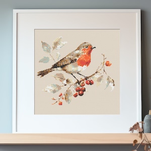Robin on a Berry Branch Cross Stitch Pattern PDF : Digital Download