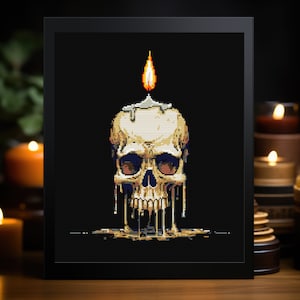 May include: A black and white pixel art image of a skull candle with a dripping wax effect. The candle is lit and the flame is orange.