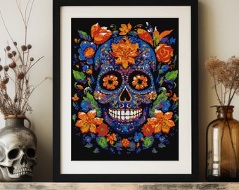 May include: Framed art print featuring a vibrant, pixelated sugar skull design. The skull is predominantly blue, adorned with orange floral patterns and surrounded by colorful flowers and foliage against a black background. The artwork is displayed in a black frame.