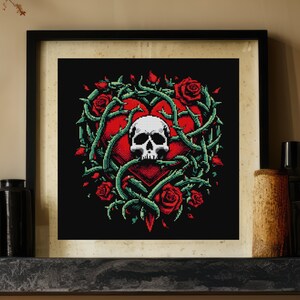 May include: A red heart with a white skull inside, surrounded by green thorny vines with red roses. The background is black.