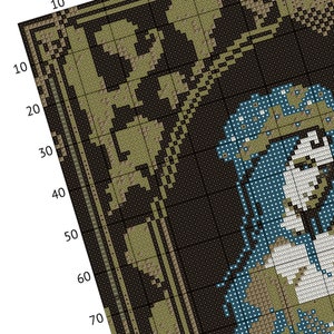 A close-up section of the pdf pattern for 'The Lovers' (Love Never Dies) Tarot cross stitch. Showing layout and DMC thread colour symbols.