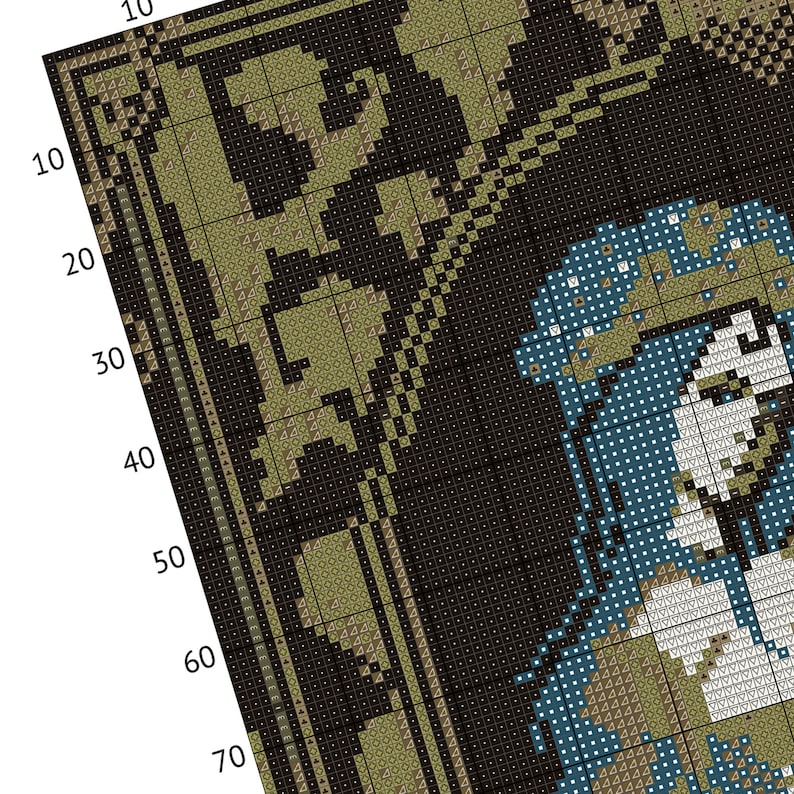 A close-up section of the pdf pattern for 'The Lovers' (Love Never Dies) Tarot cross stitch. Showing layout and DMC thread colour symbols.