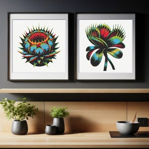 May include: Two framed prints of colorful botanical illustrations. The print on the left features a red, yellow, and blue flower with a green stem. The print on the right features a red, yellow, and blue flower with a green stem.
