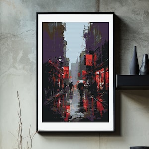 May include: A digital painting of a city street at night with red signs and people walking under umbrellas. The street is wet from the rain and the reflections of the streetlights can be seen in the puddles.