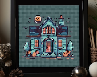 Korsstygnsmönster med litet Halloween-spökhus i PDF-format: Digital nedladdning