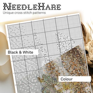 An example of the pdf patterns supplied by NeedleHare for their cross stitch designs, in both black and white and in colour.