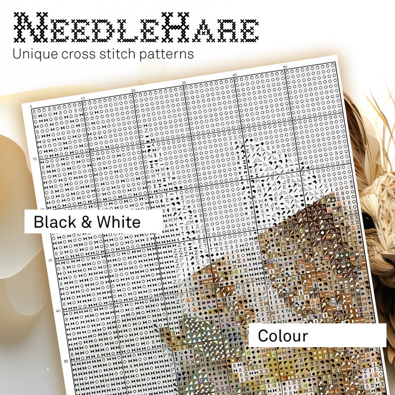 An example of the pdf patterns supplied by NeedleHare for their cross stitch designs, in both black and white and in colour.