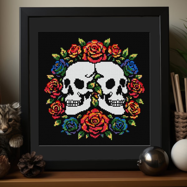 Double Rose Skulls Bouquet Cross Stitch Pattern PDF : Digital Download