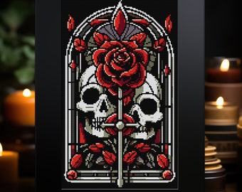 Schema per punto croce in vetrata con amanti di rose e teschi PDF: download digitale