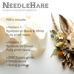 NeedleHare Unique cross stitch patterns. PDFs Include 2 patterns. One in black and white and one in colour. Fully print-ready. DMC Colour guide, stitch count and sizing guides.